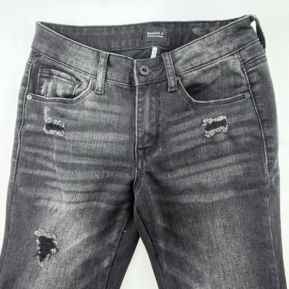 Special A Flare Jeans Women Size 1 W26 Black Distressed Raw Fringe Frayed Boho - Picture 4 of 12